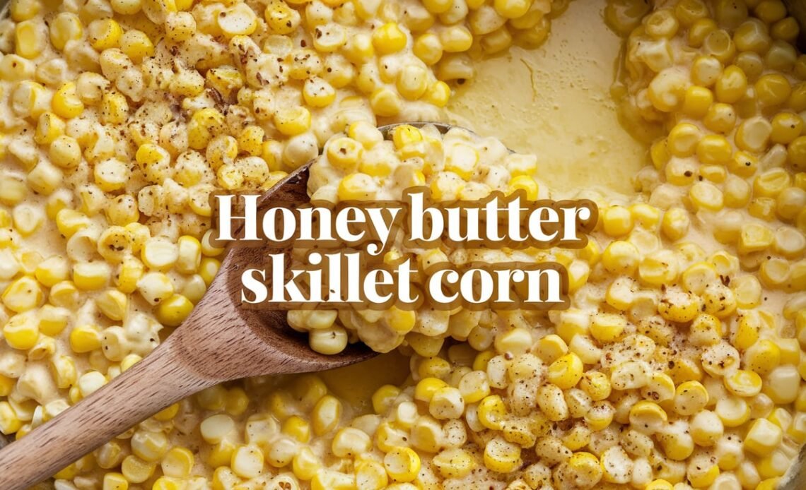 A cast-iron skillet filled with creamy honey butter corn, garnished with fresh herbs, served on a rustic wooden table.