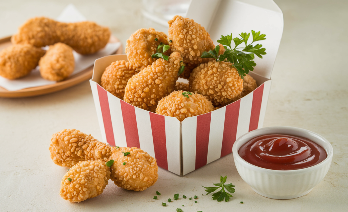 A bowl of crispy, golden-brown low-calorie KFC-style popcorn chicken, served with a side of dipping sauce.
