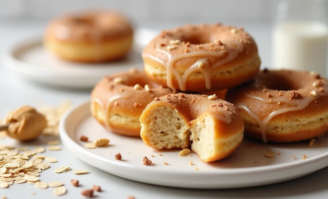 A stack of golden-brown protein donuts with a soft, fluffy texture, drizzled with chocolate and topped with crushed nuts.