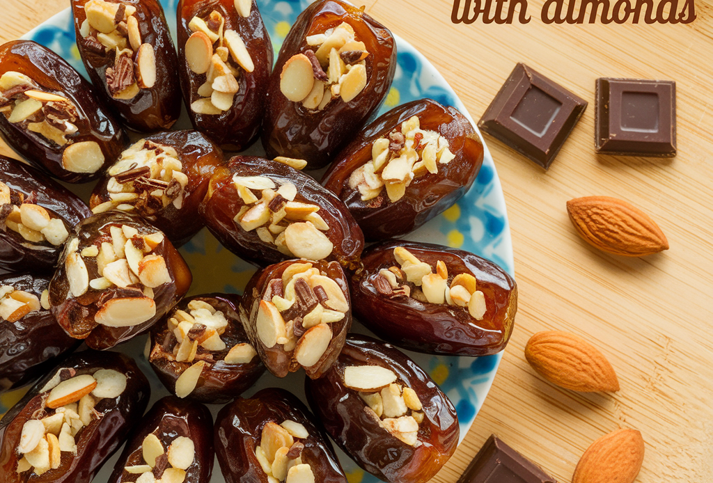 Stuffed Dates with Almonds – Plump Medjool dates filled with crunchy almonds, garnished with a drizzle of dark chocolate and a sprinkle of sea salt, perfect for healthy snacking or elegant appetizers.