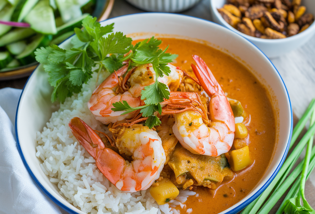 A bowl of creamy Thai coconut curry with succulent shrimp, served over fragrant jasmine rice, garnished with fresh cilantro and lime wedges.