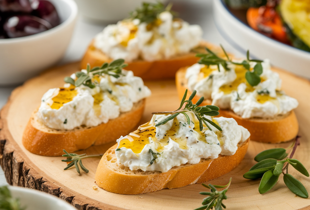 Herbed Ricotta Crostini – Crispy slices of toasted baguette topped with creamy herbed ricotta, fresh herbs, and optional cherry tomatoes, perfect for elegant appetizers or party snacks.