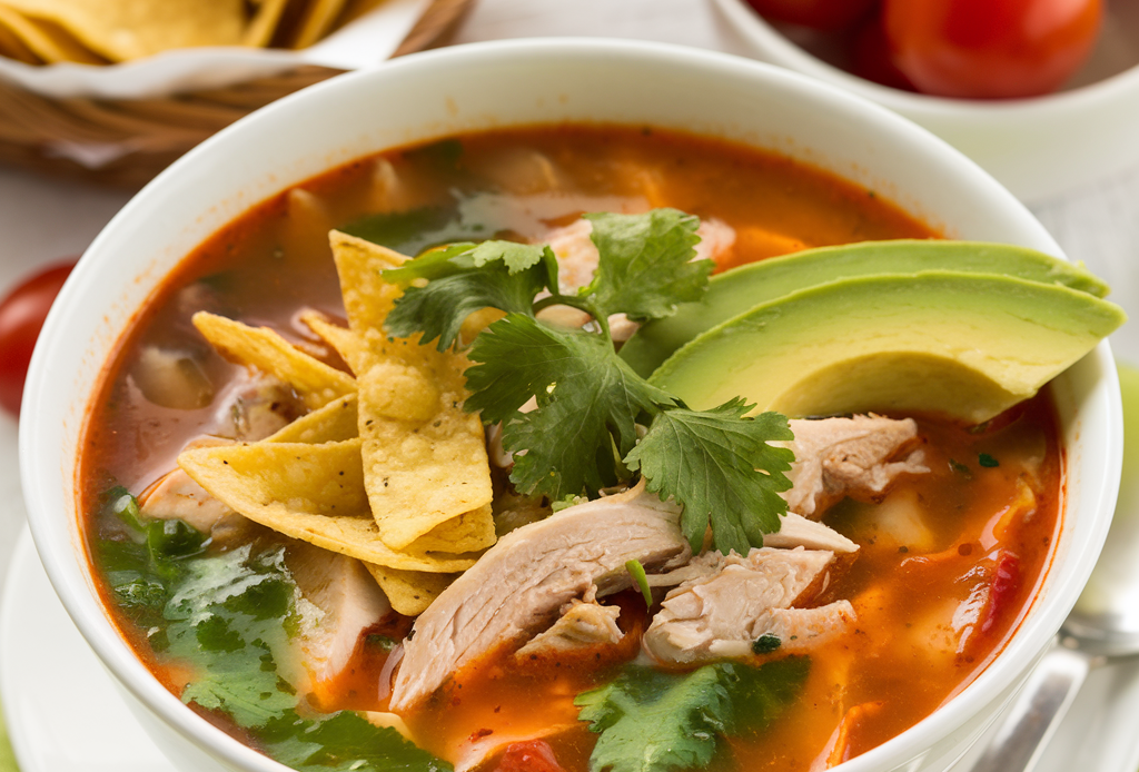 A steaming bowl of Chicken Tortilla Soup filled with tender shredded chicken, vibrant vegetables, and a rich, flavorful broth, topped with crispy tortilla strips, avocado slices, and fresh cilantro. Garnished with lime wedges for a zesty finish.