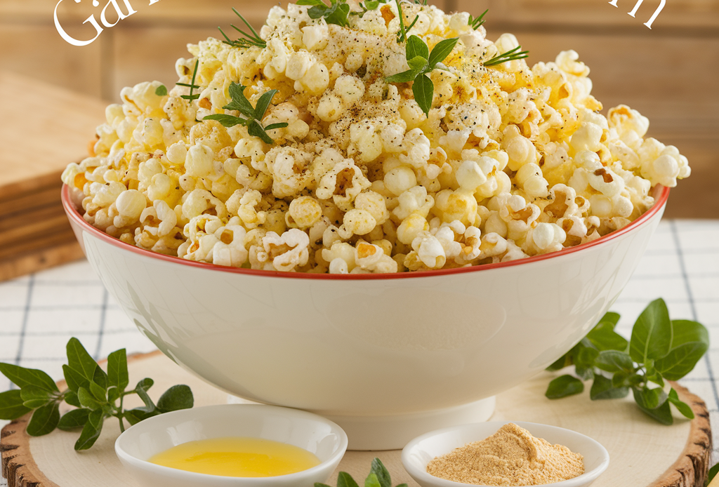 Garlic Parmesan Popcorn – A bowl of golden, buttery popcorn tossed with fragrant garlic powder and grated Parmesan cheese, perfect for savory snack lovers.