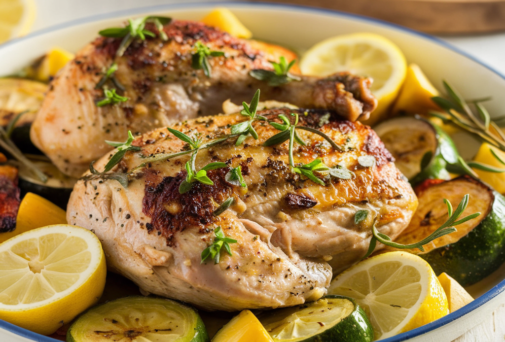 One-Pan Lemon Herb Chicken with Roasted Veggies – a vibrant, healthy dish featuring juicy lemon herb chicken and caramelized roasted vegetables, all cooked together in one pan for easy preparation and cleanup."