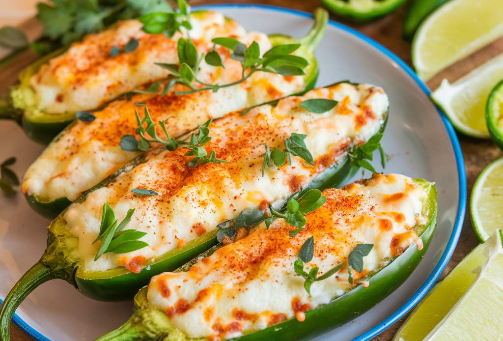 A close-up of golden-brown cheese stuffed jalapeños on a baking sheet, oozing with melted cheese and garnished with fresh herbs, ready to be served as a spicy, cheesy appetizer.