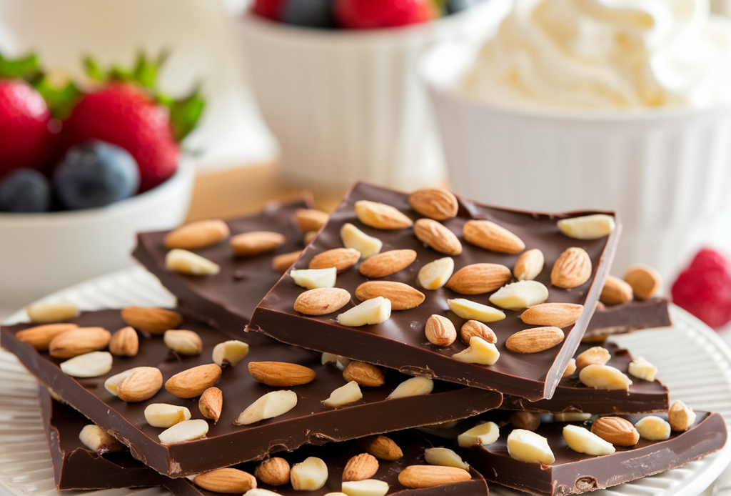 A close-up of dark chocolate almond bark, featuring rich, melted dark chocolate studded with crunchy almonds and a sprinkle of flaky sea salt, broken into irregular pieces on a rustic wooden board.