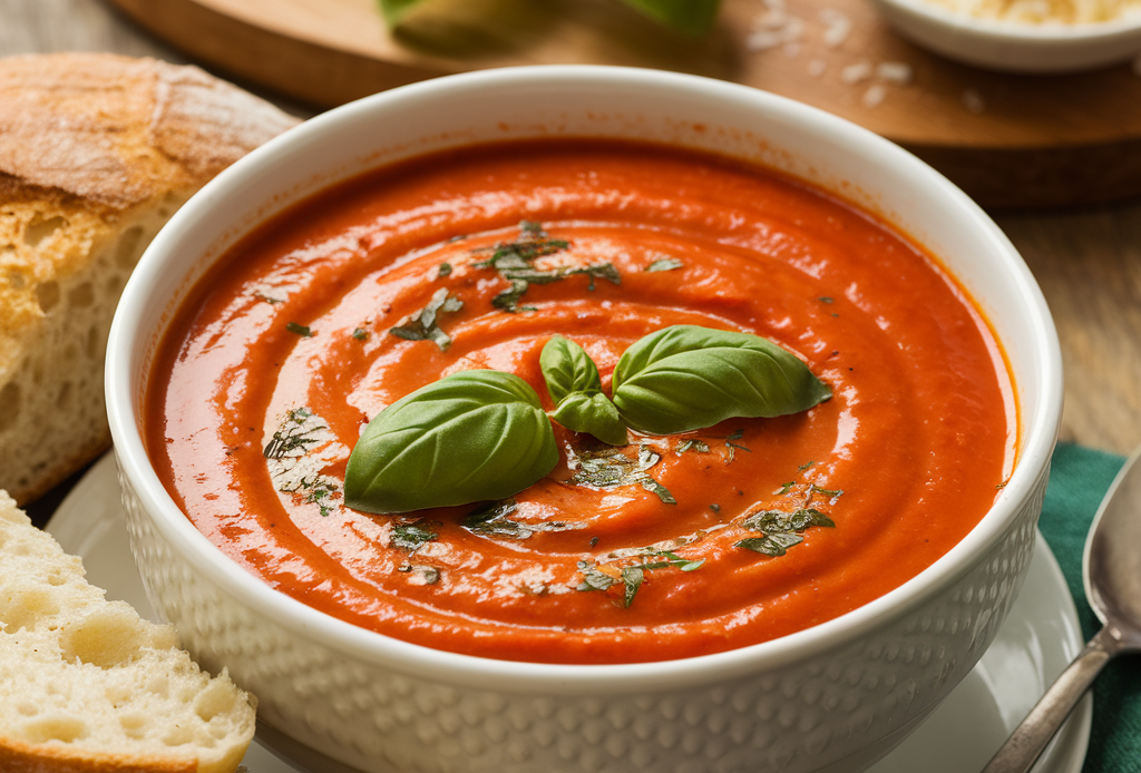 Creamy Tomato Basil Soup – A rich, velvety bowl of soup made with ripe tomatoes, fresh basil, and a touch of cream, perfect for cozy meals and comfort food lovers.