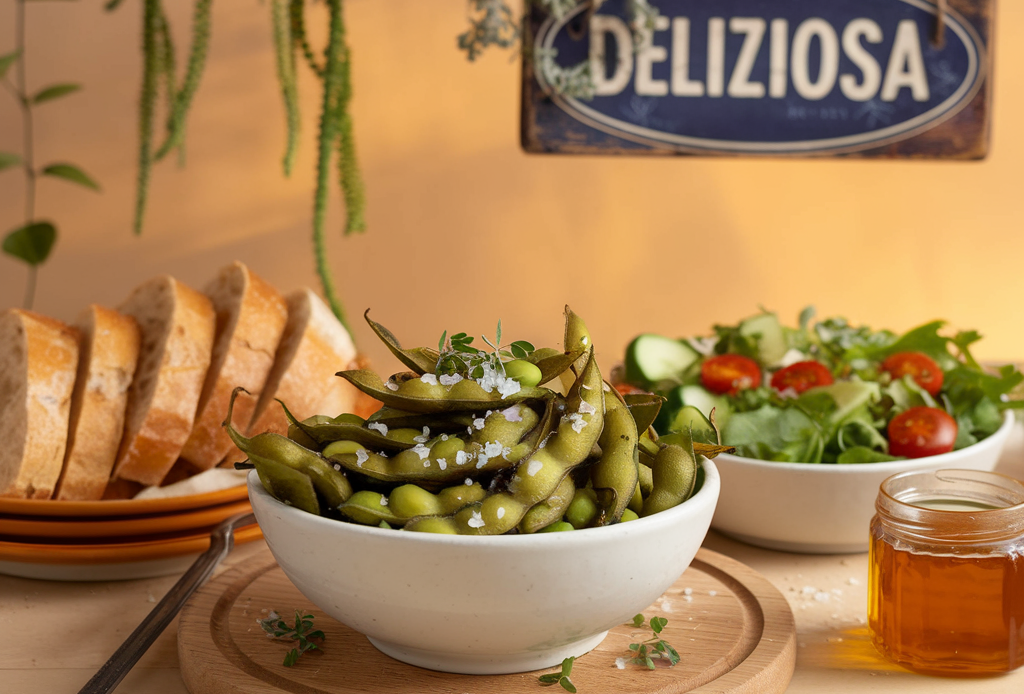 A close-up of crunchy roasted edamame in a white bowl, showcasing golden-brown soybeans seasoned with spices and a sprinkle of sea salt, ready to be enjoyed as a healthy snack.