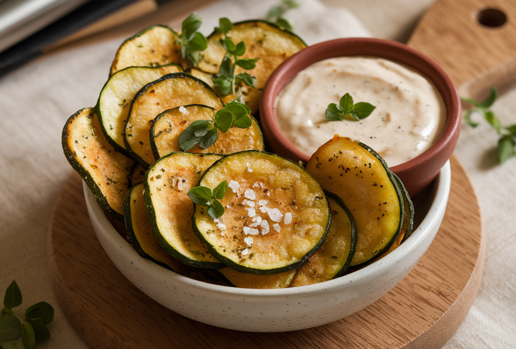 A close-up of crispy, golden-brown zucchini chips arranged on a white plate, garnished with fresh herbs, ready to be enjoyed as a healthy snack.