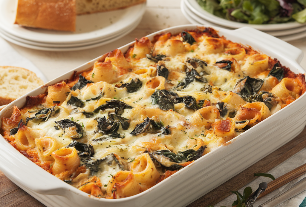 A deliciously creamy Tuscan pasta bake filled with spinach, ricotta cheese, and savory herbs. Golden-brown baked top layer adds a perfect crunch to this comforting dish.