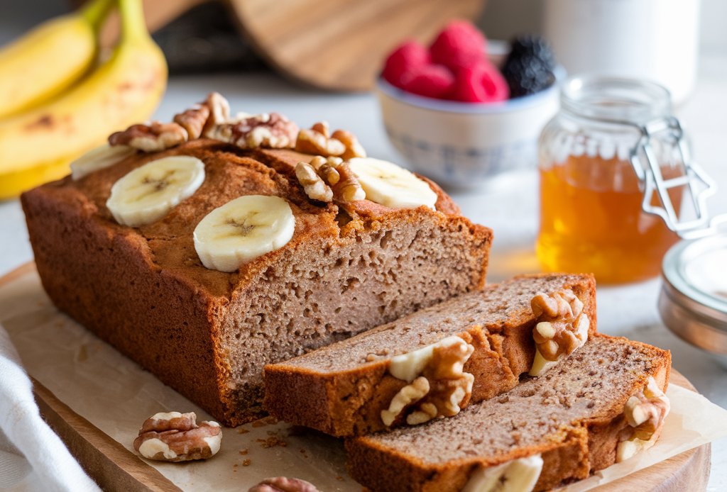 Gluten-Free Almond Flour Banana Bread – a moist, nutty loaf made with almond flour and ripe bananas, perfect for gluten-free baking and healthy snacking."