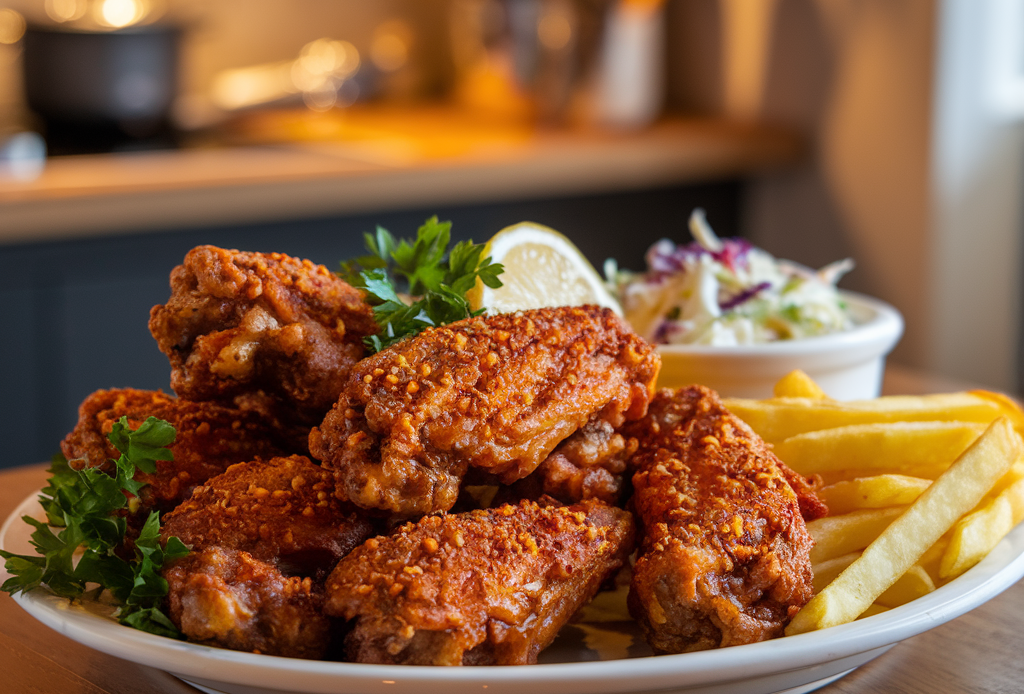 Crunchy Delight: Spicy Garlic Parmesan Wings – golden, crispy chicken wings coated in a bold garlic Parmesan sauce with a hint of spice, perfect for game nights and gatherings.