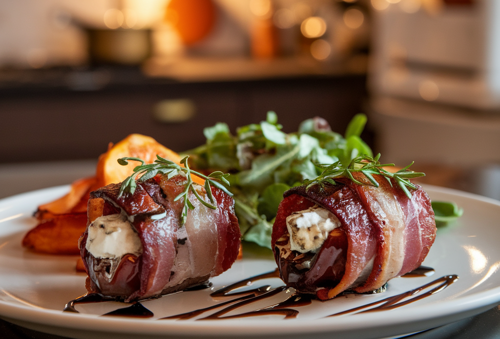 Mini Masterpieces: Bacon-Wrapped Dates with Goat Cheese – sweet dates stuffed with creamy goat cheese, wrapped in crispy bacon, and garnished with fresh herbs, perfect for appetizers or parties