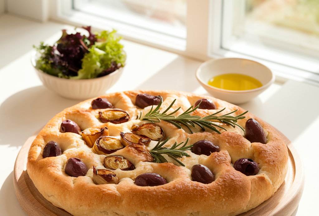Rosemary Focaccia with Roasted Garlic & Olives – golden, crispy focaccia bread topped with fragrant rosemary, creamy roasted garlic, and briny olives, perfect for appetizers or side dishes.