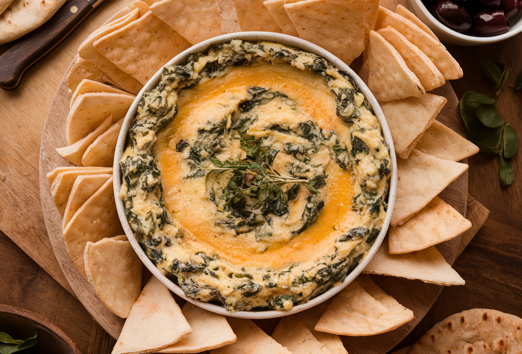 Cheesy Perfection: Spinach Artichoke Dip with Homemade Pita Chips – a creamy, cheesy spinach and artichoke dip served with golden, crispy homemade pita chips, perfect for parties or cozy nights.